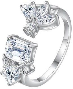 Wycian Ehering mit Gravur Silberne Ringe Damen Set 9K Weißgold Moissanit Offenes Band mit Zirkonia Größe 50 (15.9) Modern für Schwester Thanksgiving Personalisierbar