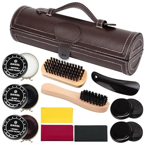 PORFOYO Schuhputzset, 12-teiliges Schuhpflegeset für Reisen, Mit Schuhbürsten, Poliertuch, Schuhlöffel, Schwamm, Pflegezubehör Set für Schuhreinigung Lederschuhpflege