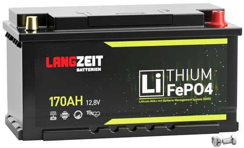 LANGZEIT LiFePO4 170Ah 12V Lithium Batterie DIN L5 H8 mit BMS Solarbatterie Wohnmobil Solar Bootsbatterie Akku ersetzt 100Ah 120Ah 150Ah