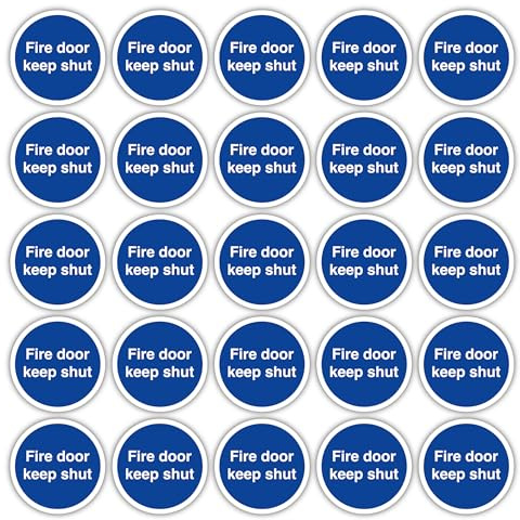25 Pack Fire Door Keep Shut Safety Signs – 100mm Self-Adhesive Vinyl Stickers, BS5499 Compliant, Waterproof Fire Door Safety Labels for Offices, Schools & Public Buildings