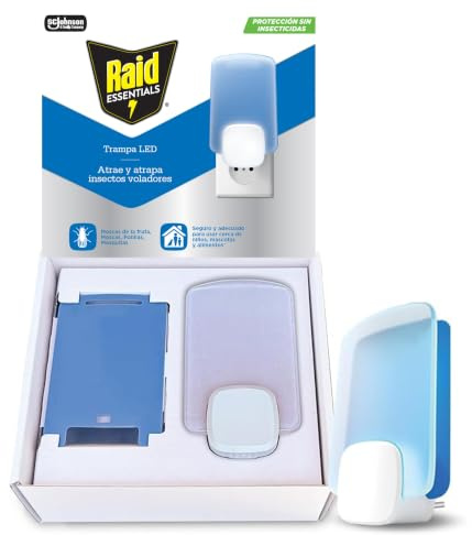 Raid Essentials Pack Trampa LED Antimoscas, Antimoscas de Fruta y Antipolillas, Sin Insecticida, Protección 24/7 contra Insectos Voladores, para Uso Interior, 1 Aparato + 1 Recambio