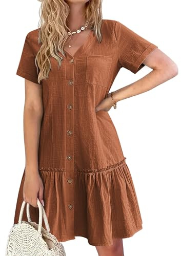 HOTOUCH Women Button Down Dress Loose Summer Cotton Linen Dresses Ruffle Hem Casual Dress Short Sleeve Tunic Dresses
