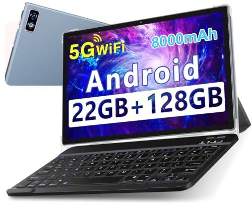 Tablet Android 14 Tablet 10 Pollici, 22GB RAM + 128GB ROM (TF 1TB), 5G WiFi Tablet, Widevine L1/ Octa-Core/ 8000mAh/ Corpo Metallico/ 8+5MP/ Supporto Netflix, 2 in 1 Tablet con Tastiera e Mouse-Grigio
