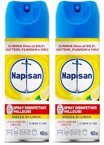 Napisan Spray Disinfettante Milleusi, Disinfettante Spray per Tessuti e Superfici, Fragranza Limone, Confezione da 2 Spray da 400ml