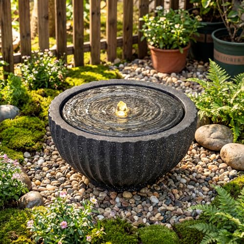 COSTWAY Springbrunnen Rund, Gartenbrunnen mit LED Beleuchtung & Pumpe, Brunnen Outdoor, Steinoptik, Zimmerbrunnen draußen, Wasserfall Brunnen für Garten Balkon Terrasse, 45 x 45 x 23,5 cm