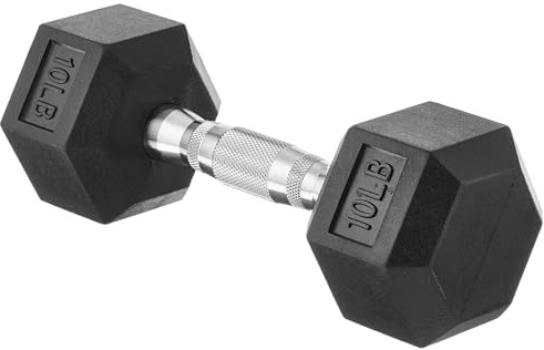 Amazon Basics Rubber Hex Dumbbell with Hexagon Shape and Rubber Coating, Comfortable Handle for Home Workout, 10 Pounds, Single, Black