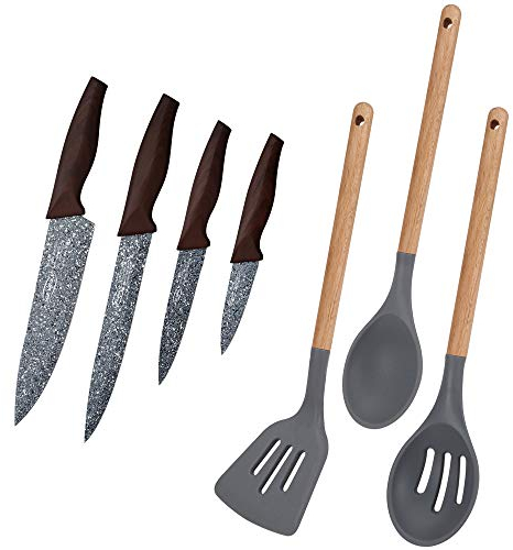 San Ignacio PK1938 Juego de 4 Cuchillos Acero Inoxidable y Set 3 Utensilios de Cocina colección Daimiel, Silicona, Marrón