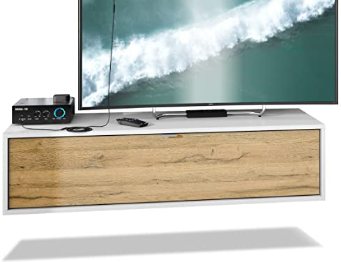 Vladon TV Board Lana 120 Mobile da Parete Porta TV 120 x 29 x 37 cm, Struttura in Bianco Opaco, Frontali in Rovere Nature | Ampia Scelta di Colori