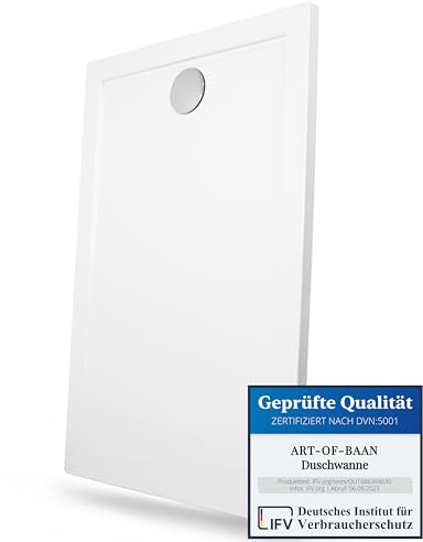 Art-of-Baan® Premium Duschwanne - Duschbecken für Badezimmer - mit DIN-Anschluss - flache Duschtasse inklusive Ablaufgarnitur - weiß - 160 x 90 cm