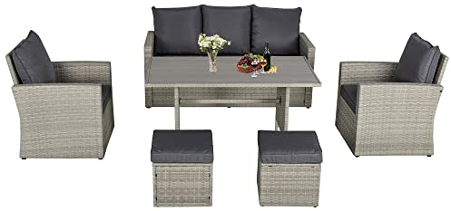 Outsunny Poly Rattan Sitzgruppe 6 TLG. Garten Essgruppe Sofa-Set Sofa Lounge Hocker Hof Balkon Pool PE Rattan Grau