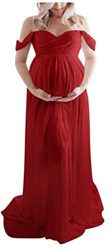 Robe Longue Sexy Bustier l'Été Femme Enceinte Pas Cher - Robe de Soirée Mariage Élégant - Maternité Vêtements (M, Rouge)