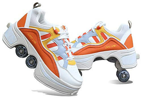 Rollschuh Roller Skates Lauflernschuhe,Sneakers,2in1 Mehrzweckschuhe Schuhe Mit Rollen Skateboardschuhe,Verstellbare Quad-Rollschuh Stiefel Skateboardschuhe,Orange-EU36=UK4