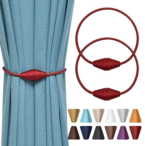 Pretty Jolly Magnetische Vorhang-Raffhalter, handgefertigt, gewebt, Seil, Vorhanghalter, praktisch, dekorativ, kegelförmig, Raffhalter für Zuhause und Büro, Fenstervorhänge, Weinrot, 2 Stück