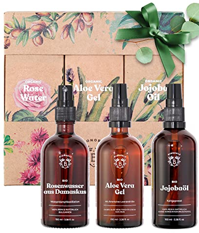 Bionoble Coffret Beauté Femme 3x100ml - Eau de Rose, Gel Aloe Vera et Huile de Jojoba Bio - Soins pour le visage, le corps et les cheveux - Coffret Cadeau Femme