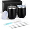 Taza de café reutilizable de 12 onzas, paquete de 2 tazas de viaje de doble pared aisladas, vaso de vino de acero inoxidable al vacío con tapa a prueba de derrames, té, leche y vino (negro)