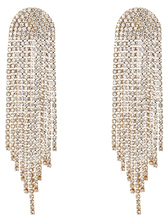 EVER FAITH Lange Quasten Ohrringe funkelnde Strass Kristallfransen Ketten Kronleuchter Gold-Ton