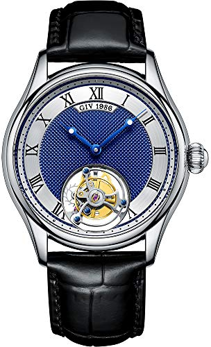GIV Tourbillon Herrenuhren Mechanische Armbanduhren Luxus Skeleton Handaufzug Analoge Armbanduhren Saphirglas Wasserdichtes Kleid Elegante Uhr mit echtem Lederarmband (Silber und Blau)