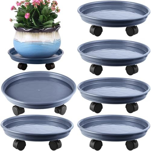 6 Packungen Pflanzenbehälter mit Rädern, 30.5 cm, Kunststoff, rollende Pflanzenständer, strapazierfähig, mit Rollen, für drinnen und draußen, Pflanzenrollen, groß, Pflanzenbezug, grau
