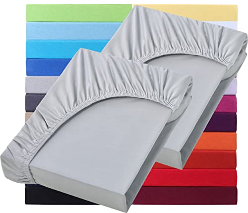 NatureMark Basic 2er Set Jersey Spannbettlaken 90 x 190 cm - 100 x 200 cm - 25 cm Steg - 100x200cm Spannbetttuch - 100% Baumwolle, Silber/Hellgrau