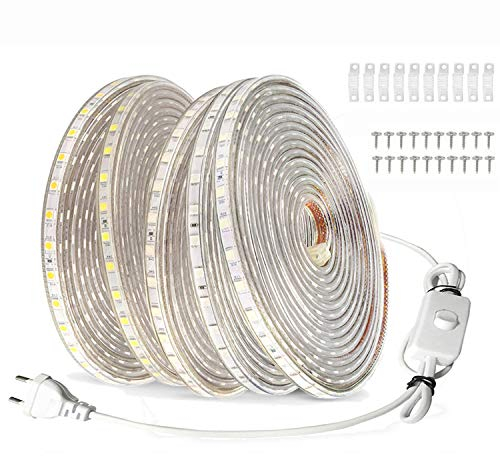 FOLGEMIR 15m LED Band mit Schalter - Warmweiß, 220V 230V Beleuchtung, 60 Leds/m Strip, IP65 wasserdicht Lichtschlauch (Warmweiß, 15m)