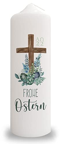 GRAVURZEILE Bedruckte Kerze - Osterkerze Frohe Ostern Kreuz - Geschek zu Ostern - brilliant bedruckte Kerze zum Osterfest - Hochwertige Stumpenkerze 250/80 mm Weiß mit Ostermotiv