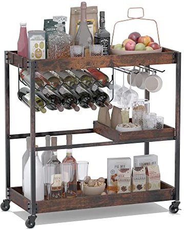 Sykit Carrello da bar, bar a 3 livelli su ruote con portabottiglie per 10 bottiglie e supporto per bicchieri e vassoio rimovibile, carrello da portata industriale per soggiorno, cucina (telaio in