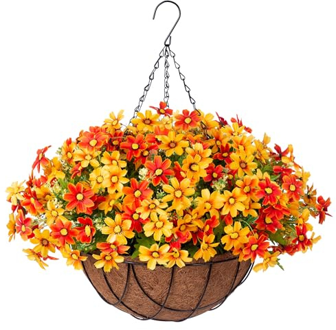 INXUGAO Artificial Silk Flowers Hanging Baskets Outdoors,Chrysanthemum with Eucalyptus Leaves Arrangement for Garden Yard Decor,Faux Plant in Metal Coconut Lining Flowerpot(Orange)