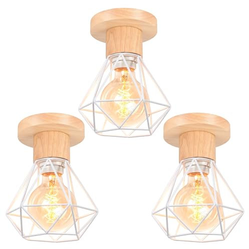 TOKIUS Deckenlampe, 16CM Vintage Deckenleuchte im Industrial Design Retro E27 Lampe aus Holz Eisen Käfig Pendelleuchte Weiß (3 Stücke)