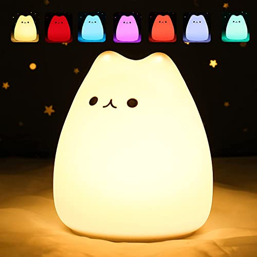 ZKLiLi Nachtlicht für Kinder, knautschig, niedliche Lampe, dimmbar, Kinder-Nachtlicht mit Timer und 16 Farben, wiederaufladbar, für Schlafzimmer (battery cat)