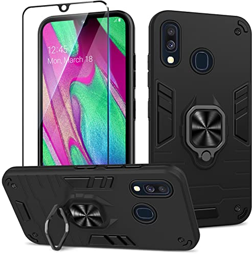 Btstring Cover per Samsung Galaxy A40 con Pellicola Protettiva, Grado Militare Custodia con Cavalletto in Metallo Rotante a 360°, Hard PC Back Cover e TPU Bumper Antiurto Case- Nero