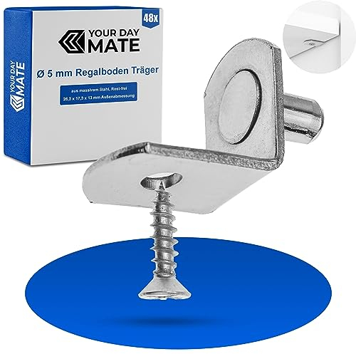 Regalboden L-Form Träger D5, 48 Stück, Bodenträger für Ø 5 mm Bohrlöcher, mit 19 x 16 x 13 mm L-Winkel, aus massivem Stahl, Rost-frei, Einlegeboden Halter, Regalbodenträger Möbel, Regalstützen Schrank