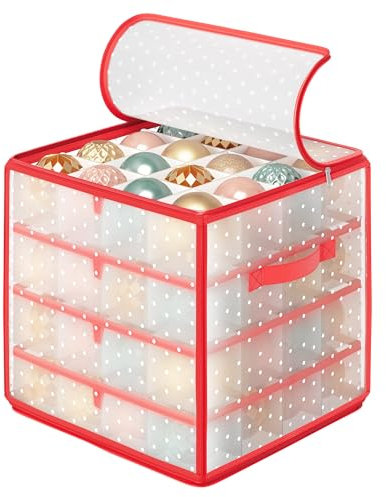 SONGMICS Plastic Christmas Ornament Storage Box, Christmas Ball Organiser, 7.6 cm 64 Compartments, Removable Dividers, Cherry Red RFB029T03
