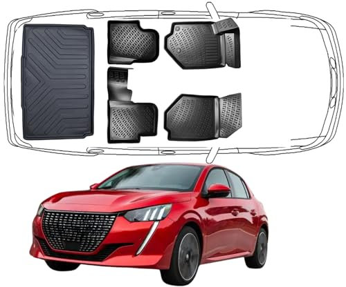 Trimak Passgenau 3D Fussmatten & Kofferraumwanne Auto Set Kompatibel mit Peugeot 208 2 Gen 2019-2024 Auto Zubehör Gummimatten & Kofferraummatte Autos TPE Allwetter Geruchlos rutschfest Schwarz