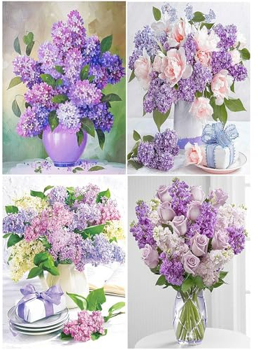 SHEGZHUC Lila Blumen 4er Set 30x40cm - Diamond Painting Blume Flieder Malen nach Zahlen - Diamant Painting Bilder Erwachsene Rosen Blumenstrauß in Vase Stickerei