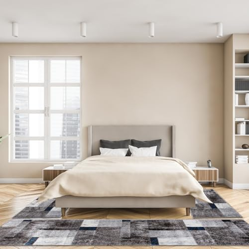oKu-Tex Bettumrandung Set 3-TLG. | Teppich Schlafzimmer | Florhöhe: 9 mm | besonders weicher Flor | geometrisches Muster | modern | meliert grau blau | dichte Qualität | 1 x Läufer, 2 x Brücke