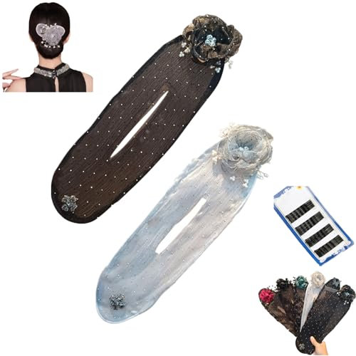 Donubiiu Hand Embroidered Flowers Deft Bun, Deft Bun Hair Twister, Flower Hair Bun Roller, Lazy Hair Curler Bun Maker Hair Accessories for Long Hair (2Pcs-B)