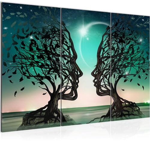 Runa Art Couple d'amoureux Peinture Tableau Salon XXL Turquoise Abstrait Arbre 120 x 80 cm 3 Parties Decoration Murale 044831a