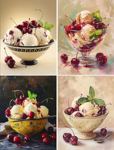 Diamond Painting, 4 Pack 5D Diamant Painting Bilder Erwachsene Kinder, DIY Früchte Diamant Malerei Set, 4 Stück Eiscreme Diamond Painting für Wohnzimmer Schlafzimmer Wand Dekoration Geschenk 15x20cm