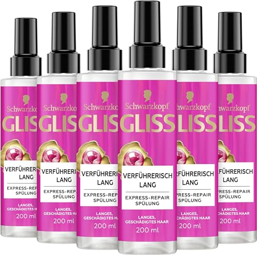 Gliss Express-Repair-Spülung Verführerisch Lang (6 x 200 ml), Haarspülung für verführerisch langes Haar, Pflegespülung mit Hitzeschutz für Schutz vor zukünftigen Haarschäden