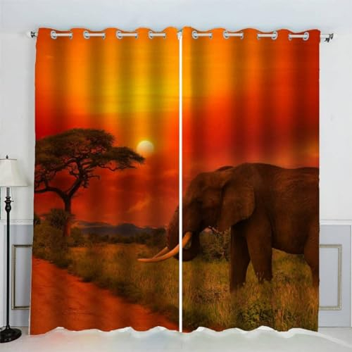 MEVASA Vorhänge Blickdicht Elefant 3D Verdunklungsvorhänge 2er Set mit Ösen Gardinen Sonnenuntergang Vorhang Microfaser Schlafzimmer Kinderzimmer 140 x 160 BxH