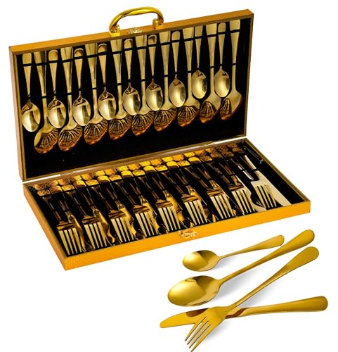 Emily Essentials 36-Piece Gold Cutlery Set | Elegant Gold Plated Stainless Steel Cutlery for 9 People, Includes Forks, Knives, Spoons, Ideal for Entertaining