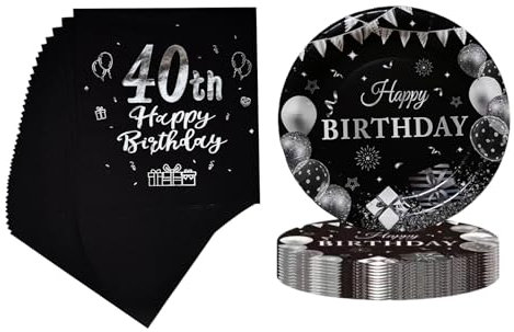 40th Birthday Party Disposable Paper Plates and Napkins,Black and Silver 40th Anniversary Party Tableware Set,40th Birthday Decorations Favors for Men and Women Serve 20