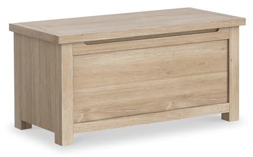 RoselandFurniture Farrow Oak Blanket Box Ottoman Wooden Storage Box | Fully Assembled Large Contemporary Washed Oak Solid Wooden Chest, Trunk or Toy Box for Bedroom, Hallway or Kids Room