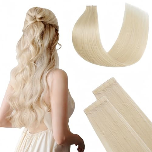 FUOTONBUTY Tape Extensions Echthaar Doppelt Genäht, Platinblond Tape in Extensions Echthaar, 20 Stück 50g Invisible Tape Extensions, Tape on Extension Echthaar 45cm