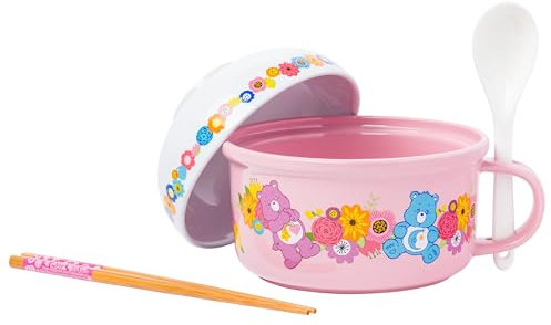 Silver Buffalo Care Bears Soup Mug and Bowl Lid with Spoon and Chopsticks Featuring Bedtime Bear, Best Friend Bear, Wish Bear, and Cheer Bear, 13 Ounce Bowl Lid and 22 Ounce Mug