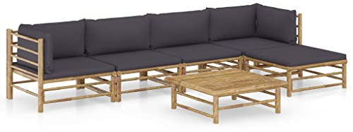 Cozynest 6-TLG Kissen Garten Garnitur Sitzgruppe Sofa Gartensofa Lounge Sitzgarnitur Gartenset Ecksofa Mittelsofa Bambus. Garten-Lounge-Set mit Dunkelgrauen Kissen Bambus