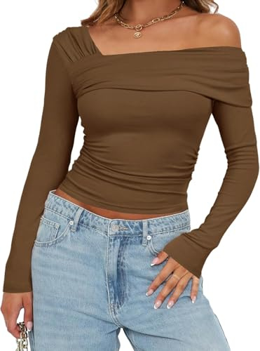 TrendiMax Womens Long Sleeve Sexy Tops Off Shoulder Ruched Ribbed Knit Shirt Fleeced Slim Fit Blouse T Shirt