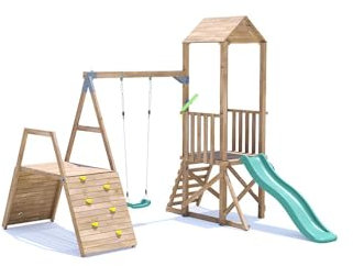 Dunster House Climbing Frame with Single Swing, Low Platform, Climbing Wall & Slide SquirrelFort