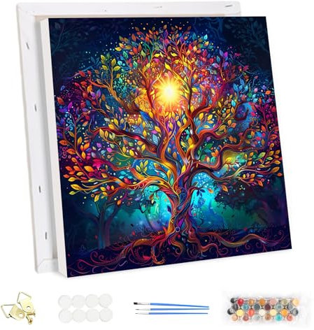 MEIYUDA Peinture par Numero Adulte avec Cadre, Arbre de vie Coloré DIY Peinture à l'huile par Numéros sur Toile Artisanat avec Pinceaux, Decoration Maison Cadeau 30x30cm