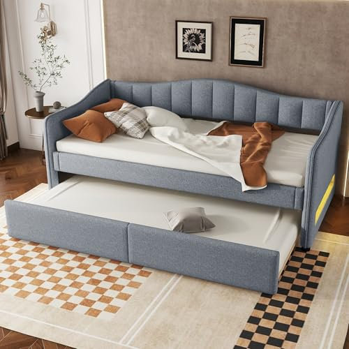 Aoskem Polsterbett Daybett 90x200 mit Rollbett, LED-Bett-SeitlicherLichtstreifen Kinderbett Schlafsofa Tagesbett Bettgestell mit Lattenrost, Bettsofa Jugendbett Gästebett, Ohne Matratze Leinen (Grau)